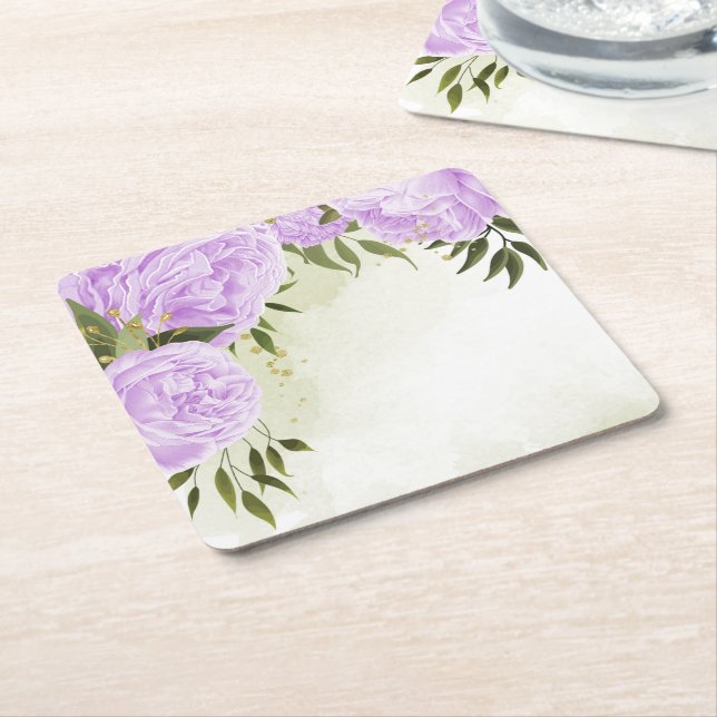 Posavasos Cuadrado De Papel Flores púrpura boho hojas verdes botánicas (En perspectiva)