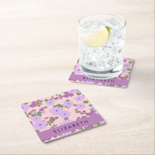 Posavasos Cuadrado De Papel Flores Púrpura, Patrón De Flores, Tu Nombre