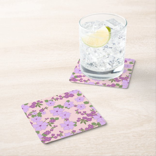 Posavasos Cuadrado De Papel Flores Púrpura, Patrón Floral, Patrón De Flores (In situ)