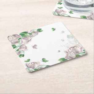 Posavasos Cuadrado De Papel flores púrpura vegetación mariposas