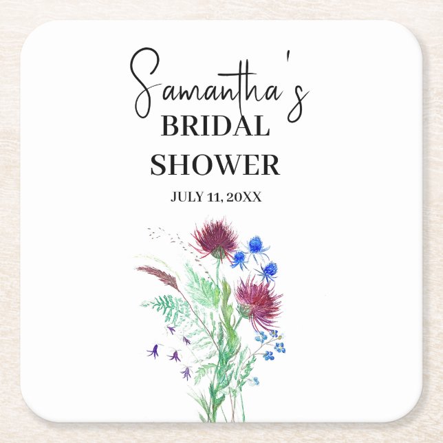 Posavasos Cuadrado De Papel Flores Purpúreas de Cardo Baño Nupcial Boho Escocé (Anverso)