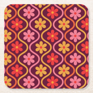 Posavasos Cuadrado De Papel Flores retro coloridas sobre el patrón de naranja 