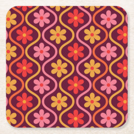 Posavasos Cuadrado De Papel Flores Retro Coloridas sobre Patrón Vintage Ogee 