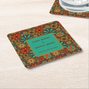 Posavasos Cuadrado De Papel Flores Retro Marrón Turquesa Rojo floral groovy 60