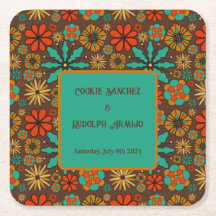 Flores Retro Marrón Turquesa Rojo floral groovy 60