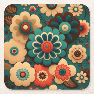 Posavasos Cuadrado De Papel Flores retro vintage coloridas