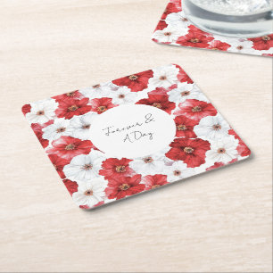 Posavasos Cuadrado De Papel Flores Rojas Blancas Boda Despedida de Soltera