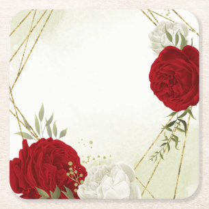 Posavasos Cuadrado De Papel flores rojas hojas verdes boda