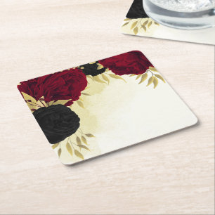 Posavasos Cuadrado De Papel flores rojas negras boda hojas doradas