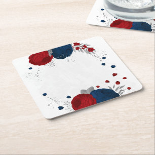 Posavasos Cuadrado De Papel flores rojas oscuras y azules marino plata