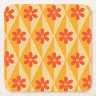 Posavasos Cuadrado De Papel Flores rojas retro sobre diamantes vintage naranja
