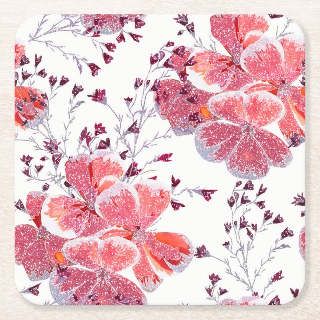 Posavasos Cuadrado De Papel Flores rojas rosadas sobre blanco. (Anverso)
