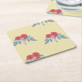 Posavasos Cuadrado De Papel Flores rojas y hojas verdes en marrón