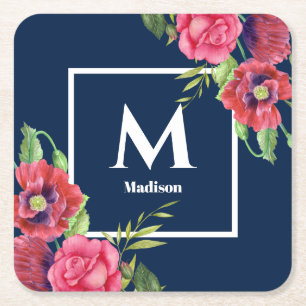 Posavasos Cuadrado De Papel Flores rojas y rosadas con monograma sobre azul ma