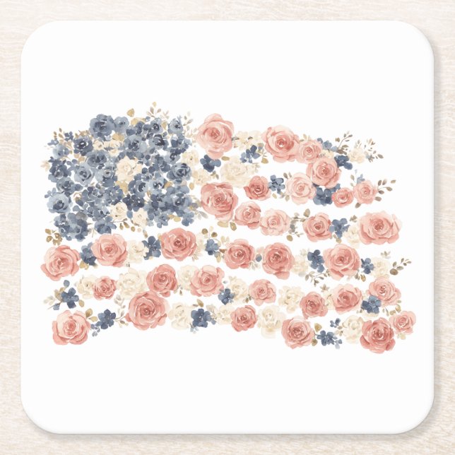 Posavasos Cuadrado De Papel Flores Rojo Blanco Azul (Anverso)
