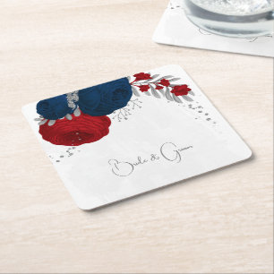Posavasos Cuadrado De Papel flores rojo oscuro y azul marino plateadas