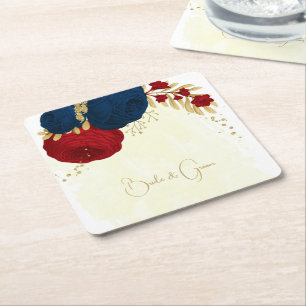 Posavasos Cuadrado De Papel Flores románticas de color rojo oscuro y azul mari