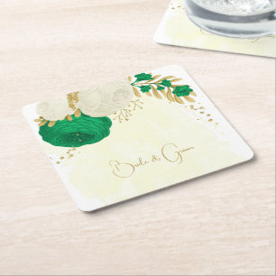 Posavasos Cuadrado De Papel Flores románticas esmeralda verde y blanco oro