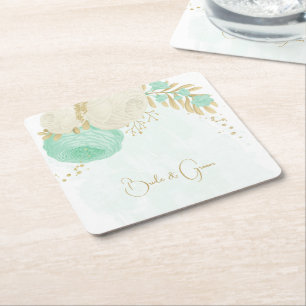 Posavasos Cuadrado De Papel flores románticas verde menta y blanco oro