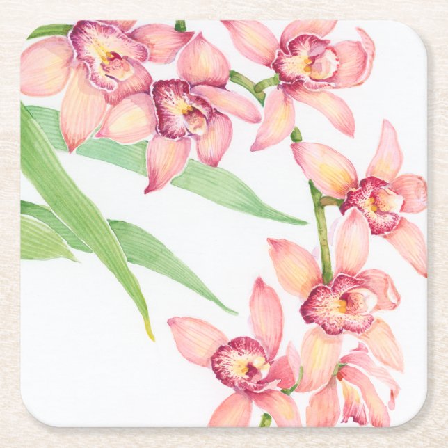 Posavasos Cuadrado De Papel Flores rosa acuarelas (Anverso)