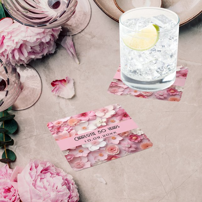Posavasos Cuadrado De Papel Flores rosa blanco nombre fiesta de cumpleaños (Subido por el creador)