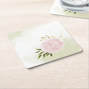 Posavasos Cuadrado De Papel Flores rosa boho hojas verdes botánicas