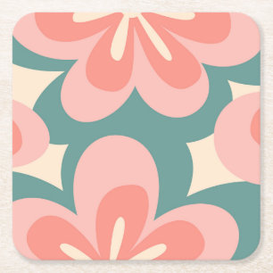 Posavasos Cuadrado De Papel Flores rosa y turquesa de estilo retro