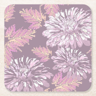 Posavasos Cuadrado De Papel Flores rosadas, acuarela, retro