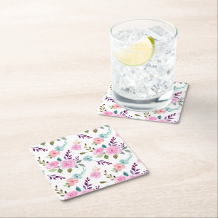 Posavasos Cuadrado De Papel Flores rosadas acuarela sin fisuras
