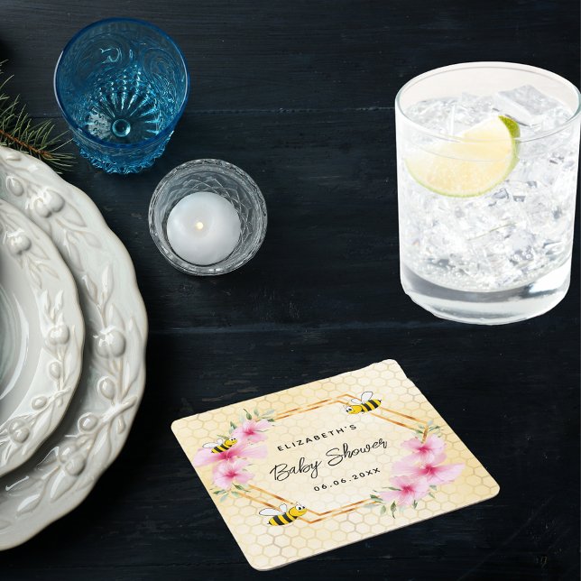 Posavasos Cuadrado De Papel Flores rosadas de abejas de Baby Shower (Subido por el creador)