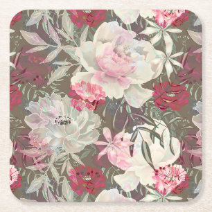 Posavasos Cuadrado De Papel Flores rosadas rosadas de peonis ramo de jardín