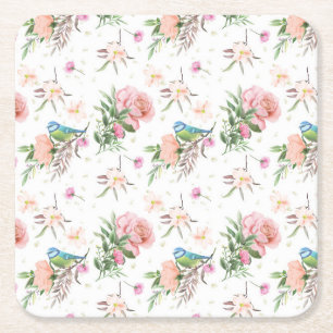 Posavasos Cuadrado De Papel Flores rosadas y de melocotón dibujadas a mano y p