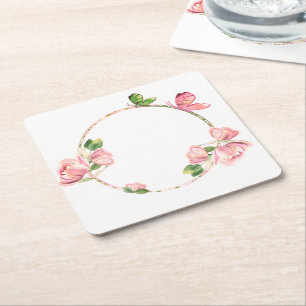 Posavasos Cuadrado De Papel flores rosas calientes hojas verdes mariposas