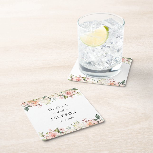 Posavasos Cuadrado De Papel Flores rosas, flores blancas, vegetación, Boda (In situ)