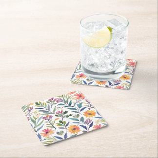 Posavasos Cuadrado De Papel Flores Silvestres Coloridas | Acuarela Floral Herm