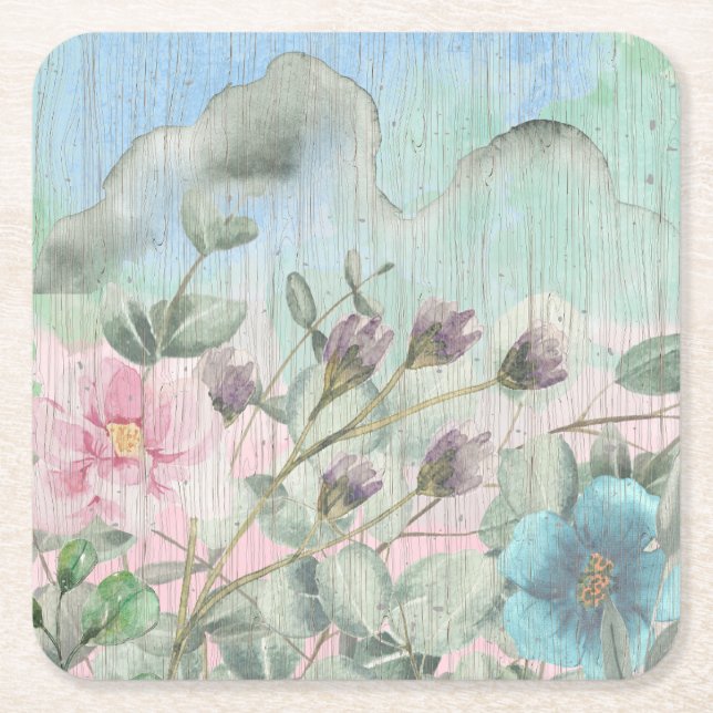 Posavasos Cuadrado De Papel Flores silvestres de acuarela rusa (Anverso)