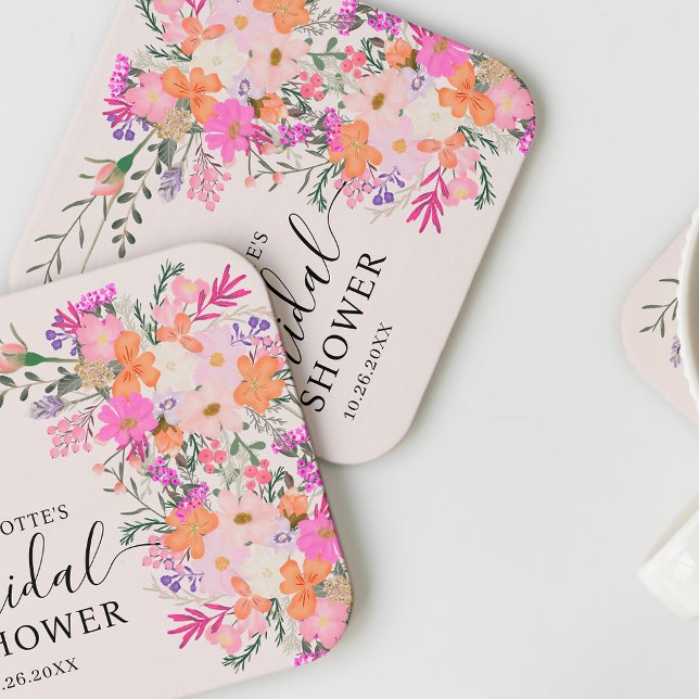 Posavasos Cuadrado De Papel Flores silvestres pastel románticas ducha de novia (Romantic pastel wild flowers spring bridal shower square paper coaster)