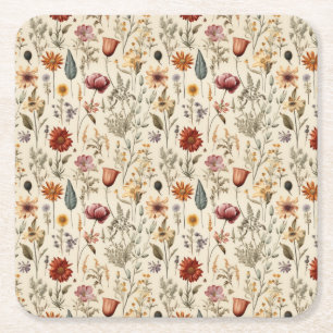 Posavasos Cuadrado De Papel Flores silvestres secas vintage burgundy rosa amar