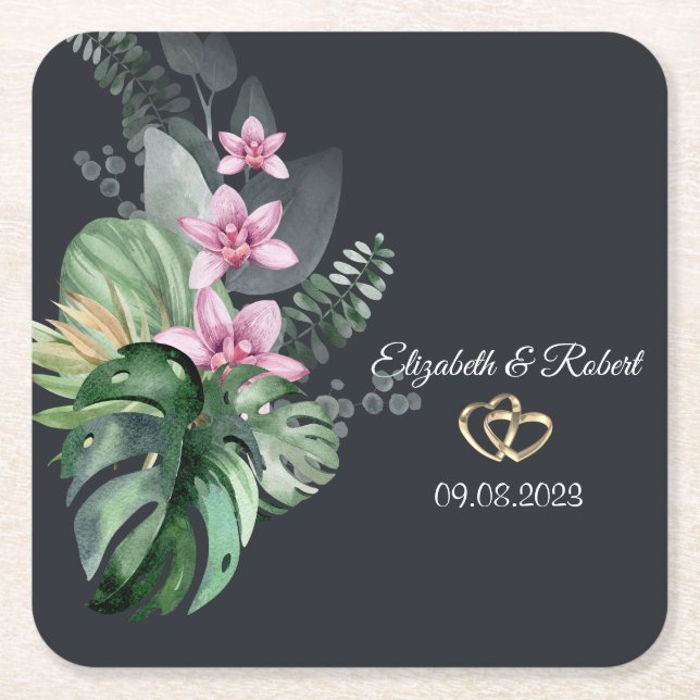 Posavasos Cuadrado De Papel Flores Tropicales Boda Oscura (Anverso)