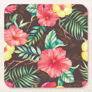 Posavasos Cuadrado De Papel Flores tropicales coloridas fondo oscuro