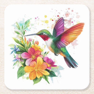 Posavasos Cuadrado De Papel Flores tropicales de colibrí