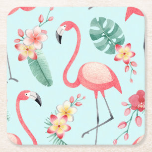 Posavasos Cuadrado De Papel Flores tropicales Flamingos Patrón de acuarela