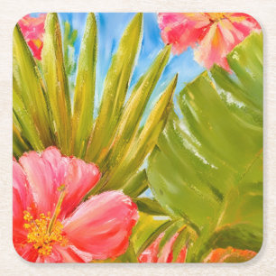 Posavasos Cuadrado De Papel Flores tropicales, palmeras, Hawái