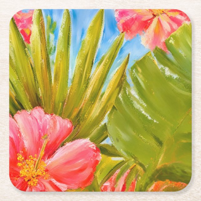 Posavasos Cuadrado De Papel Flores tropicales, palmeras, Hawái (Anverso)