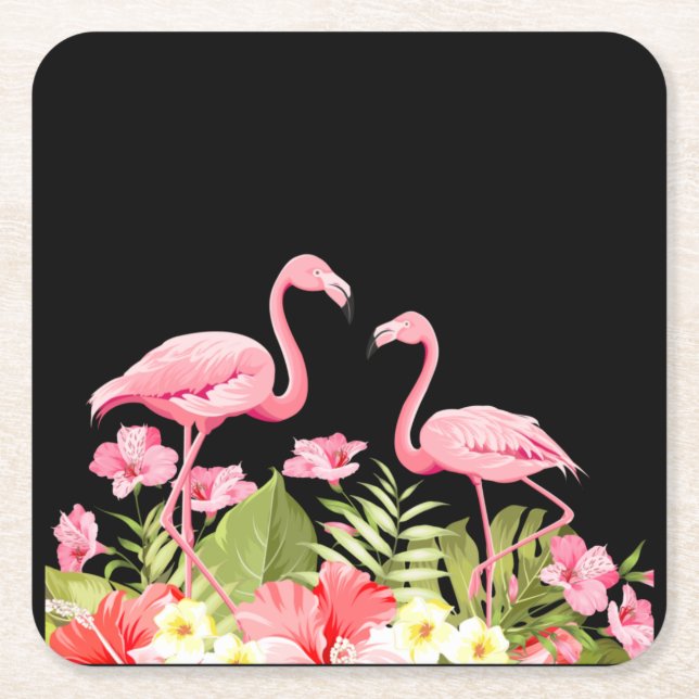 Posavasos Cuadrado De Papel Flores Tropicales Y Flamencos (Anverso)