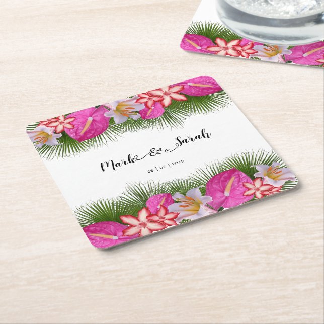 Posavasos Cuadrado De Papel Flores tropicales y hojas de palma caligrafía (En perspectiva)