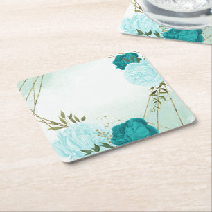 Posavasos Cuadrado De Papel flores turquesa hojas verdes boda