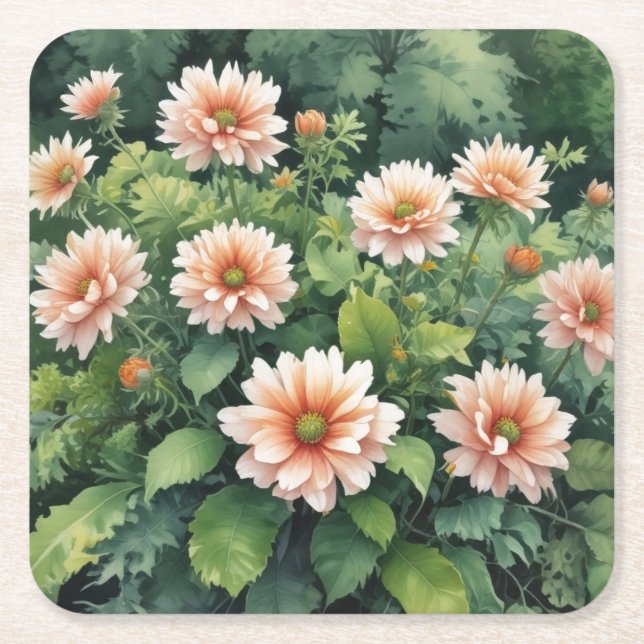 Posavasos Cuadrado De Papel Flores Vegetación Acuarela Elegante (Anverso)