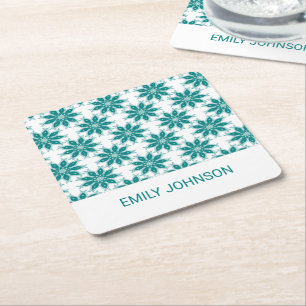 Posavasos Cuadrado De Papel flores verde azuladas nombre personalizado blanco