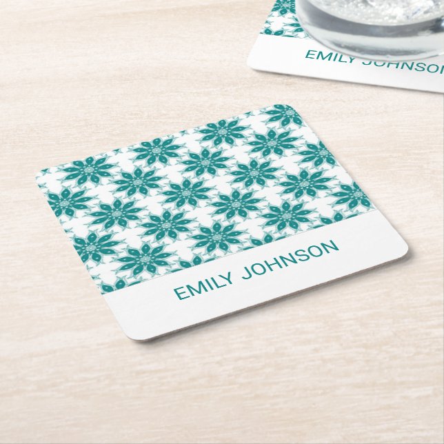 Posavasos Cuadrado De Papel flores verde azuladas nombre personalizado blanco (En perspectiva)
